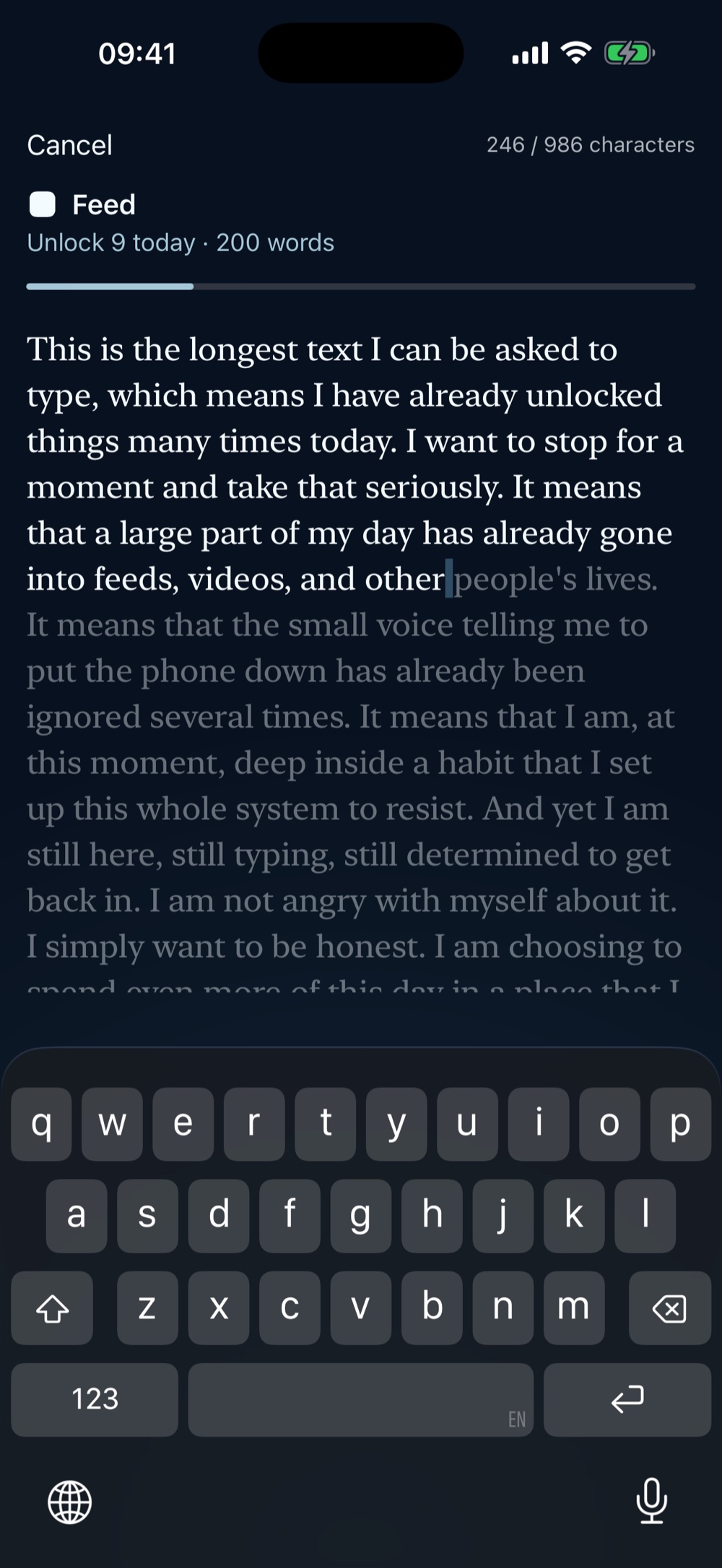 The unlock screen for the ninth unlock of the day: a two hundred word text, partly typed, about having already unlocked many times today.
