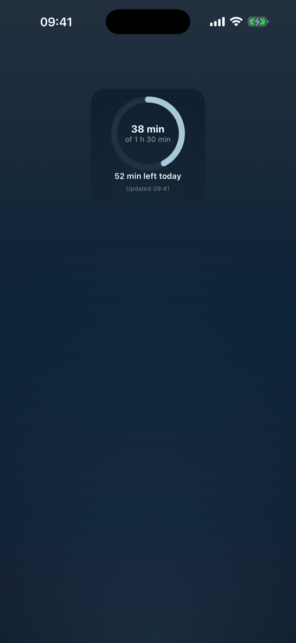 An iPhone home screen with a small Thumbstone widget: 38 min of dead time out of a 1 h 30 min daily limit, shown as a ring, and 52 min left today.